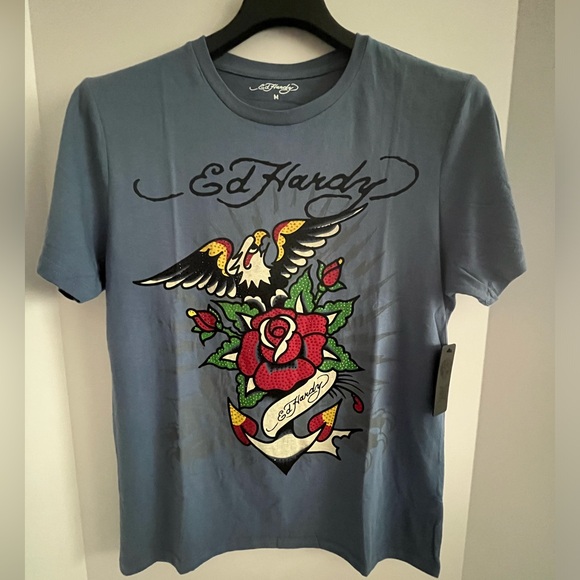 ED HARDY Rhinestone Cotton Blend Crew Neck Short Sleeve Graphic T-shirt Unisex - Picture 1 of 10